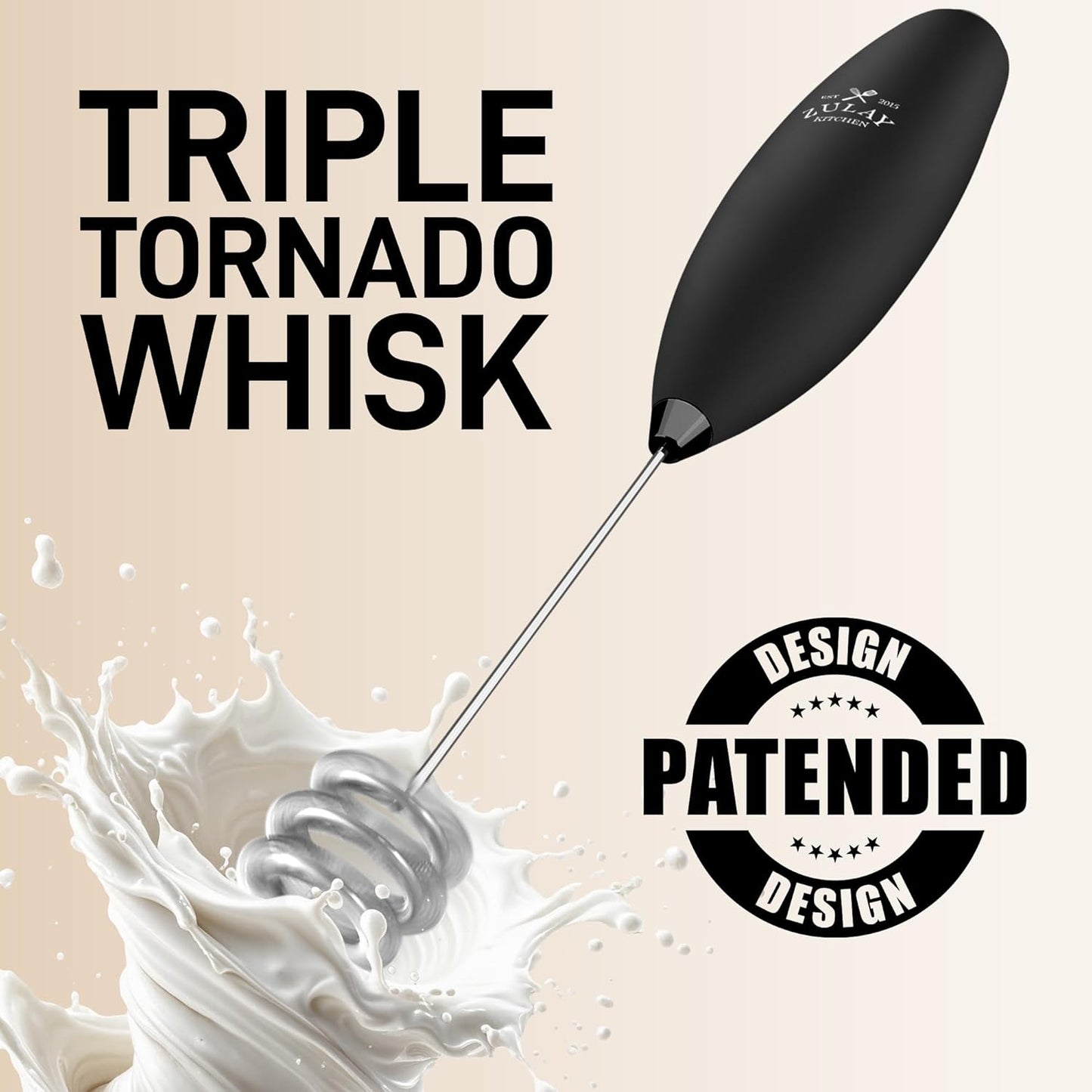 Zulay Kitchen Patented Tornado Triple Whisk Milk Frother with 4 Duracell Batteries – Handheld Foam Maker for Coffee, Lattes, Matcha & Hot Chocolate – Rich, Creamy Froth in Seconds