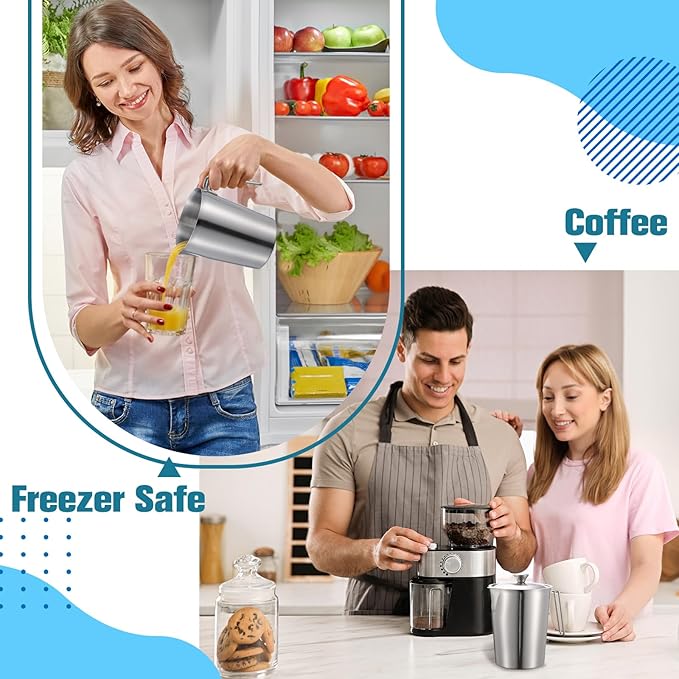 1 Pcs 2 L/70 oz Large Stainless Steel Pitcher with Lid, Metal Measuring Cup, Large Mouth Graduated Beakers with Handle, Milk Frothing Jug for Espresso Machine, Latte Art, Hot/cold Water