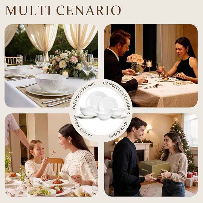 KINGSTONE 12-Piece Bone China Dinnerware Set with 20-Piece flatware, White Lightweight Porcelain Service for 4, for Family Dining, Restaurants, Gifting，Microwave and Dishwasher Safe