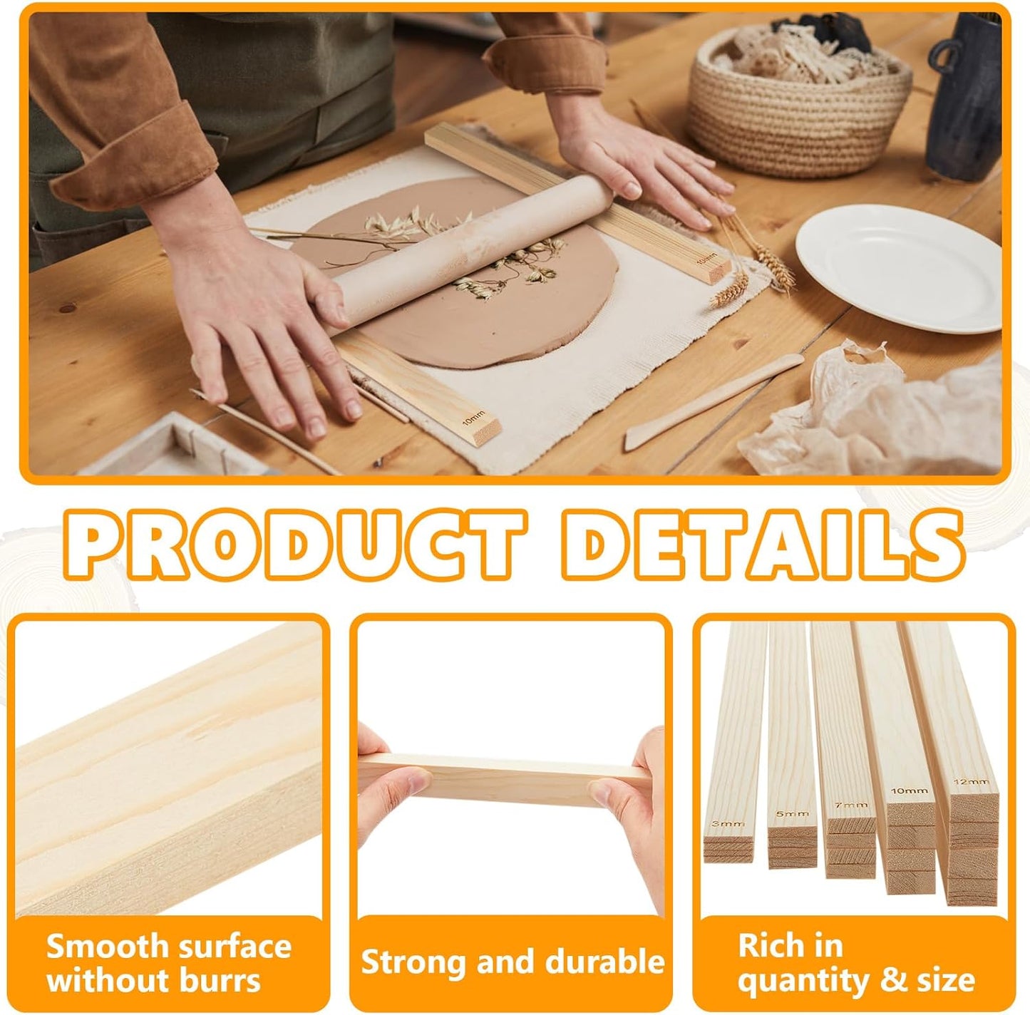 Sasylvia 20 Pcs Pottery Teaching Rolling Mud Stick Guide Mudboard Guide Wooden Strips Rolling Pin Guides Pottery Tools and Supplies for Manual Polymer Clay Tool Gift Craft(Multi Sizes)