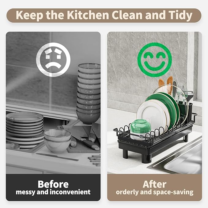 SanDream Dish Drying Rack, Small Over Sink Dish Drying Rack, Expandable Over the Sink Dish Drying Rack with Drip Tray for Kitchen Counter & in Sink