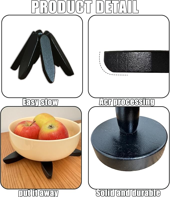 Natural Foldable Black Walnut Wooden Trivet Set - 4 Trivets + 1 Stand for Hot Dishes, Pot, Bowl, Teapot, Hot Pot Holders (White ﻿)