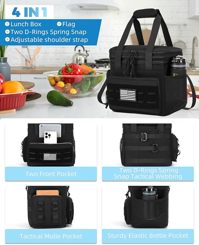 holuxer Tactical Lunch Bag & Lunch Box for Men - Large Double Deck Expandable Insulated Soft Adult Lunchbox for Work - Cooler Bag for Beach, Picnic, Camping,Outdoor，Travel (Black,23L)