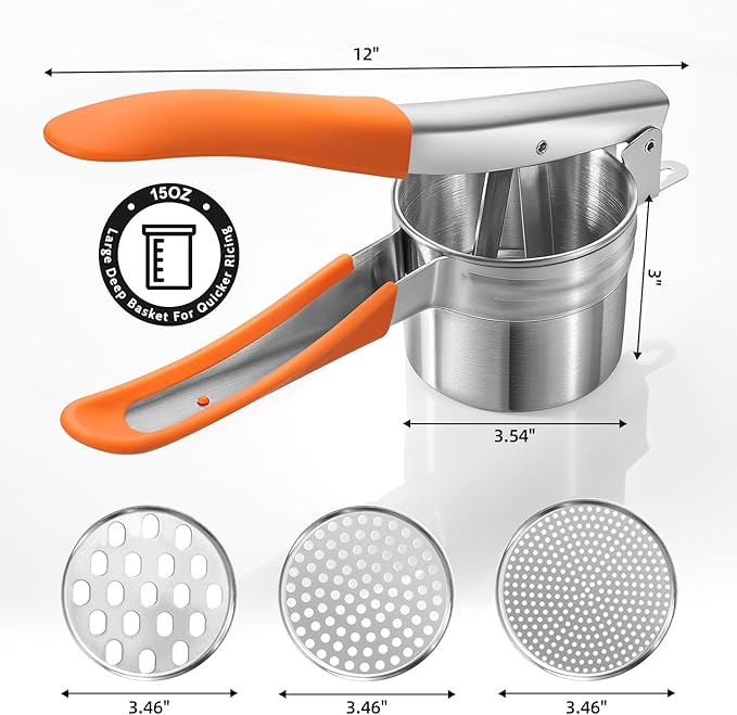 Potato Ricer, Sopito Upgraded Stainless Steel Potato Masher with 3 Interchangeable Discs, Heavy Duty Kitchen Tool Gadget, Orange