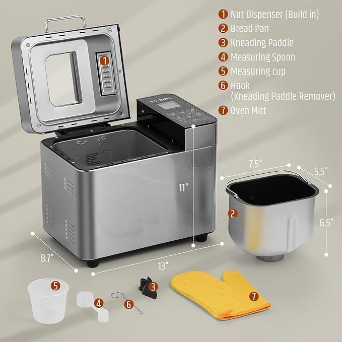 Razorri Bread Maker Machine, 2LB 18-in-1 Programmable Stainless Steel Homemade Bread Machine with Gluten-Free, Auto Nut Dispenser, 15H Delayed-start, 1H Keep Warm, 3 Crust Colors and 3 Loaf Sizes