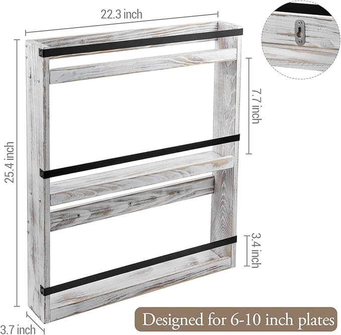 MyGift Wall Plate Display Rack, 3 Tier Farmhouse Whitewashed Wood Wall Mounted Plate Storage Rack, Holds 6-10inch Plates