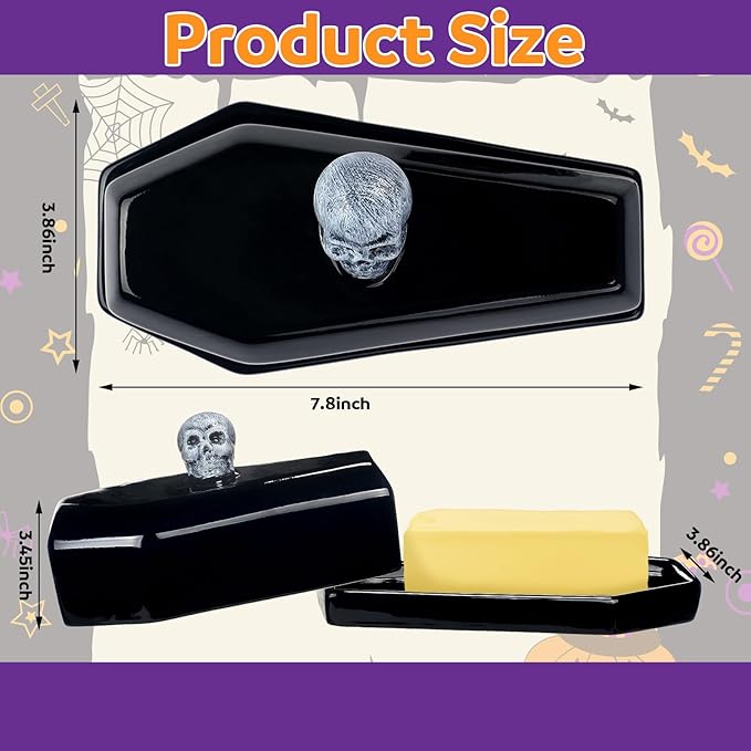 Reallnaive 2 Pcs Coffin Butter Dish with Lid Set with Butter Knife Black Gothic Skull Shape Ceramic Halloween Gothic Horror Kitchen Utensils Gift for Halloween Table Decoration Party Supplies (Stereo)