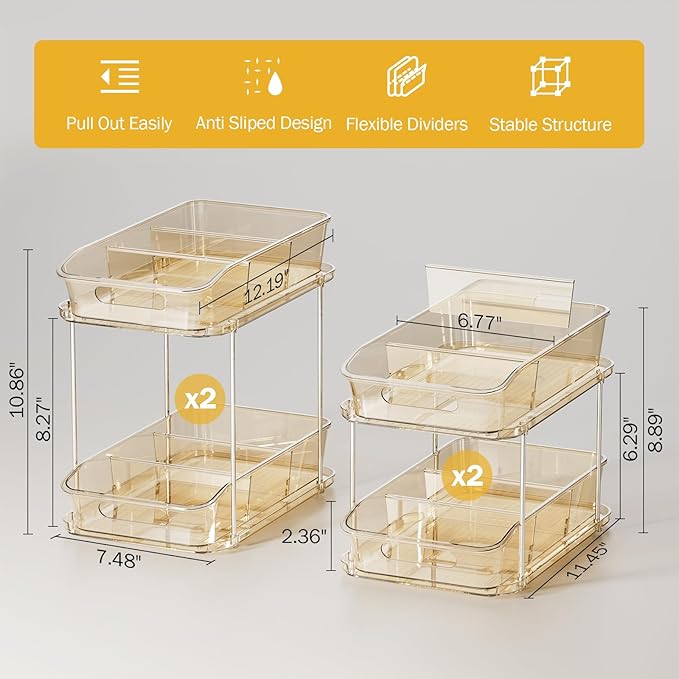 Delamu 2-Tier Under Sink Organizers and Storage, Multi-Purpose Stackable Bathroom Cabinet organizers, Pull Out Kitchen Pantry Organization and Storage with Dividers(4 Pack, Amber)
