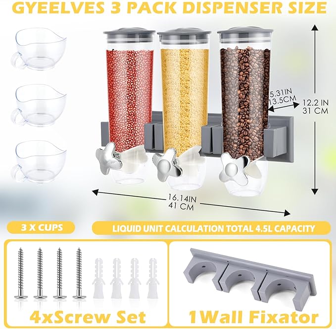 Triple Food Dispenser - 3 Set Easy To Use Dry Food Dispenser for Candy, Nuts, Rice, Granola, Cereal - Dispensing 1 Oz Per Twist And Preserving Freshness For Fun, Easy Serving.5.4 L (Each Set)(Gray)