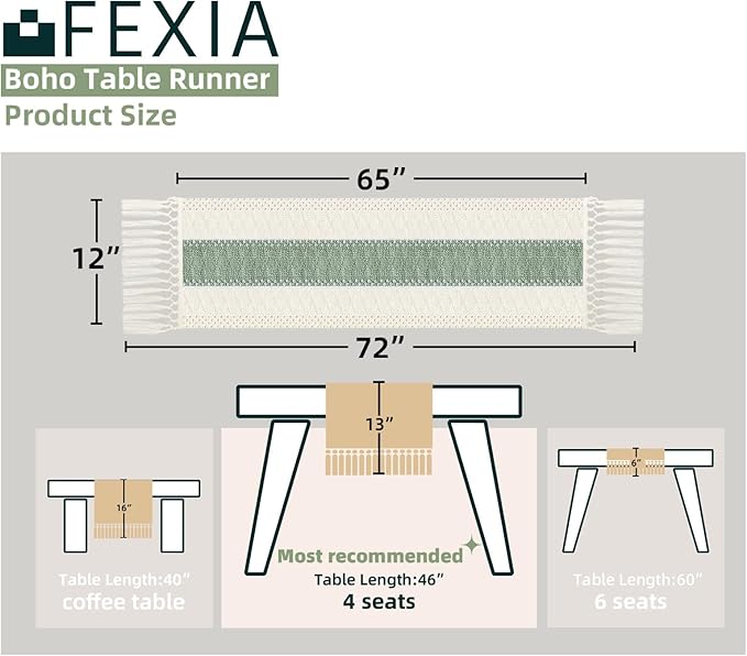 FEXIA Sage Green Table Runner 72 Inches Long with Tassels Boho for Easter Home Decor Rustic Macrame Farmhouse Table Cover for Srping Party Bohemian Bridal Shower Dining Decorations(12x72 Inches)