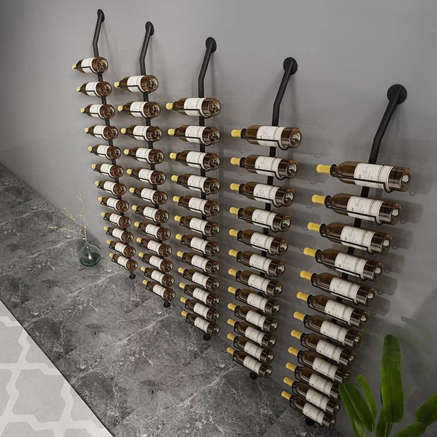 Wine Rack Wall Mounted, 72.8in High Metal Wine Bottle Holder for 12 Bottles, Kitchen Organization and Wine Storage for Commercial Restaurants Pantry Bar Wine Cellar (Black, Five rows-60 Bottles)