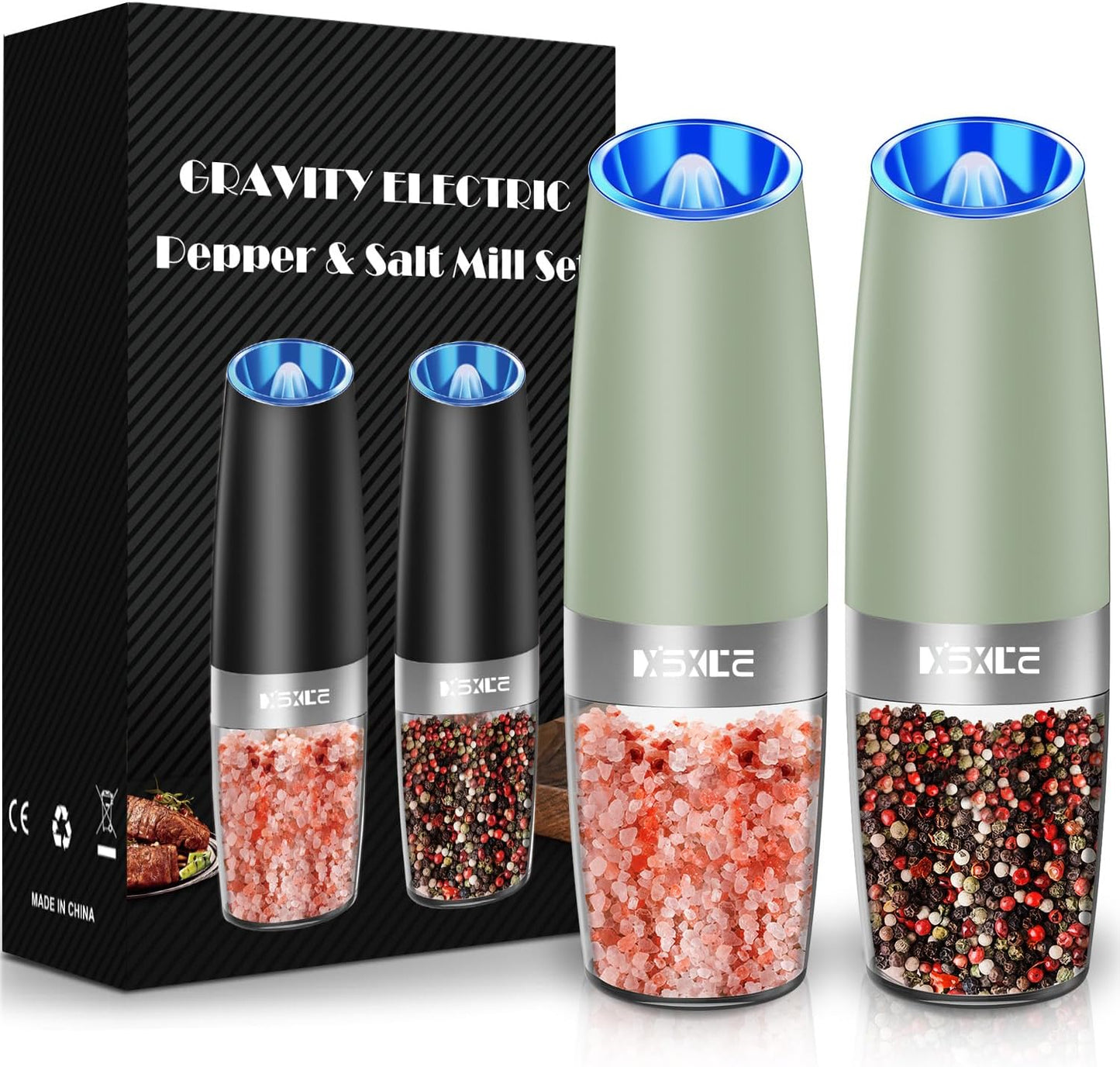 XinXu Gravity Automatic Electric Pepper and Salt Grinder, Auto Salt or Pepper Mill Shaker Stainless Steel,Blue LED Light,One Hand Operated, (Set/Light Green)