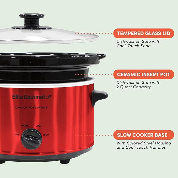 Elite Gourmet MST-275XR# Electric Oval Slow Cooker, Adjustable Temp, Entrees, Sauces, Stews & Dips, Dishwasher Safe Glass Lid & Crock (2 Quart, Metallic Red) (Pack of 4)