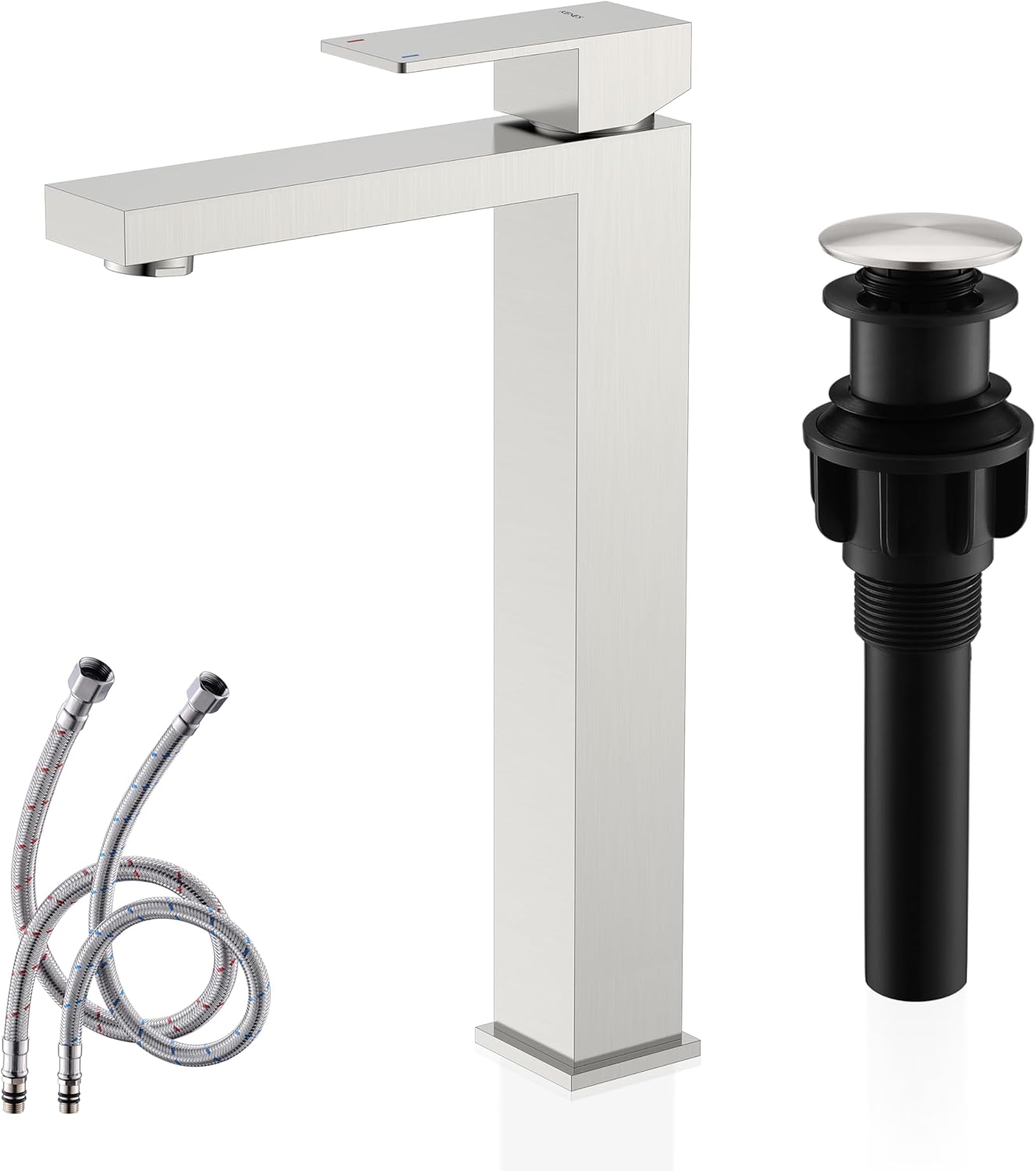 KENES Brushed Nickel Vessel Sink Facuet Single Handle Tall Bathroom Sink Faucet Vanity Bathroom Faucet Basin Mixer Tap with Water Supply Hose and Pop Up Sink Drain, LJ-9031A