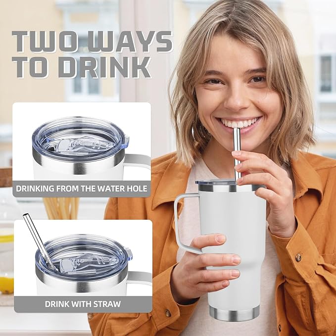 20 oz Tumbler with Handle Stainless Steel Insulated Coffee Mug Tumbler with Lid and Straw Double Wall Vacuum Insulated Coffee Mug Leak Proof Travel Mug for Hot and Cold Drink (White,4pack)