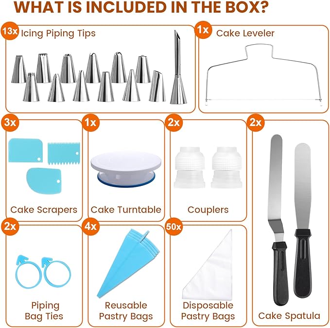 BEWOS 80 PCs Cake Decorating Kit With Cake Turntable - Include 50 Disposable + 4 Reuseable Piping Bags, 13 Icing Piping Tips, Cake Leveler, 2 Spatulas, 3 Icing Scraper, Cake Decorating Tools