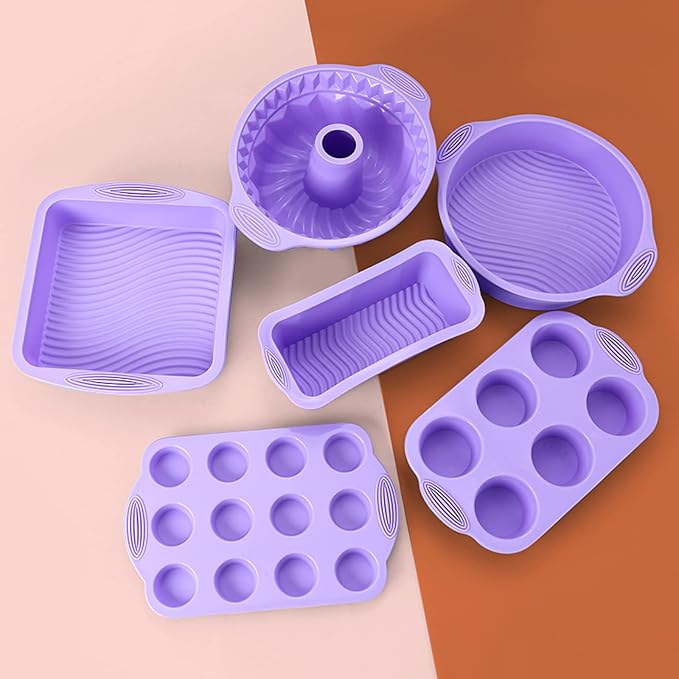 Silicone Baking Tray Silicone Mold Sets Muffin Cup Toast Baking Pan Diy Cake Mold Bakeware Cake Decoration Accessories 6Pcs Set Purple
