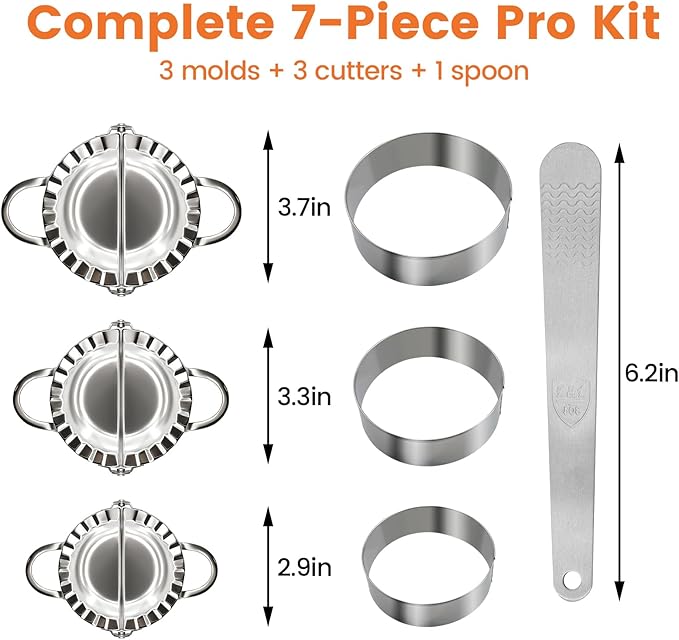 3-in-1 Stainless Steel Dumpling Maker Set - Professional Dumpling Press & Empanada Mold with Dough Cutters (3", 3.4", 3.8") | Includes Stuffing Scoop | Dishwasher Safe