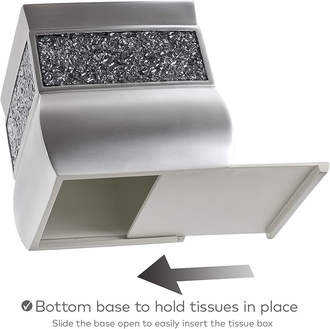 Creative Scents Crackled Glass Silver Tissue Box Cover Square - Decorative Tissue Box Holder - Tissue Holder Vessel for Bathroom with Durable Bottom Slider, Elegant Home or Bathroom Decor