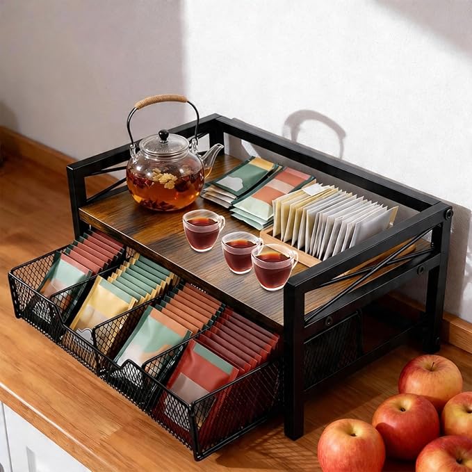 NANXITU Tea Holder Organizer,Wood Tea Box Organizer Storage Box,Tea Caddy for Tea Bags Organizer Drawer,with 8 Compartments Multi-Functional Tea Station Chest for Countertop