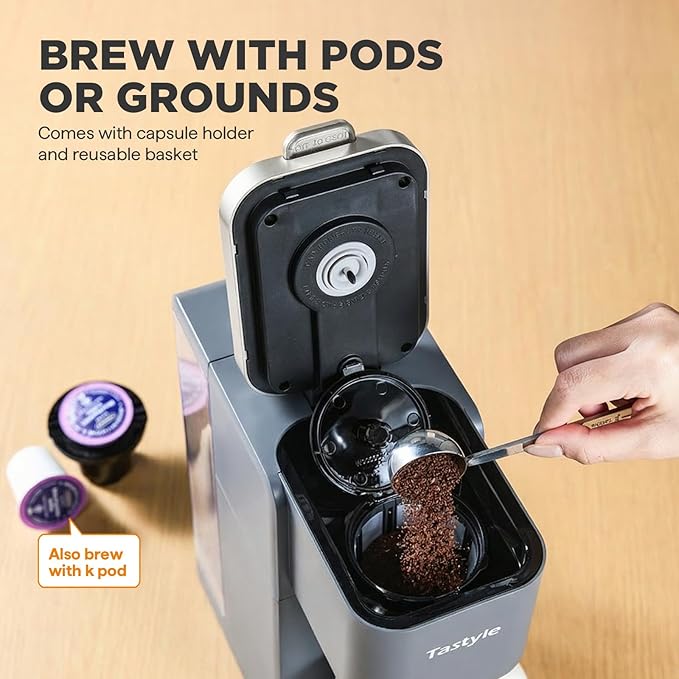Tastyle Single Serve Coffee Maker, Iced and Hot Coffee Machine for K Cup & Grounds, Compact Design, 40oz Removable Water Reservoir, 6 to 24 Oz Brew Sizes, Fits 7.3" Travel Mug, Gray