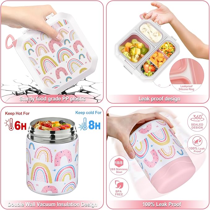 wiwens Bento Lunch Box for Kids with 12oz Soup Thermo Leak-Proof Lunch Food Container with 5 Compartment Thermo Hot Food Jar and Insulated Lunch Bag for Kid Toddler Girls Boys to School