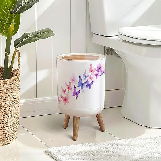 Trash Can with Lid Swarm Pink Purple Butterflies an White Watercolor Press Top Round Small Garbage Bin with Wooden Legs Waste Basket for Kitchen Bedroom Nursery 7L/1.8 Gallon