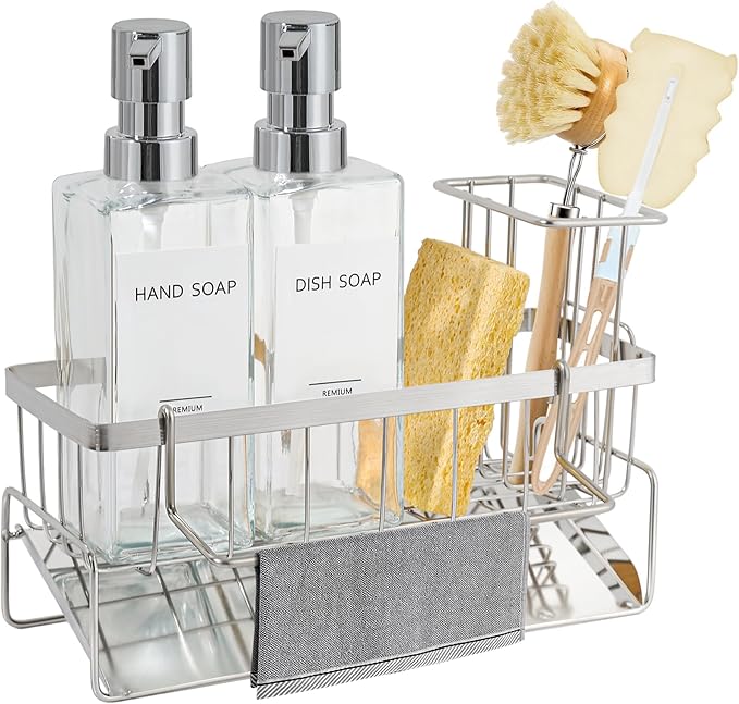 GMISUN Kitchen Soap Dispenser, 12 Fl oz/350ml Clear Dish Soap Dispenser with Silver Sponge Holder, Customized Glass Dish Soap Dispensers for Kitchen, Modern Hand and Dish Soap Dispensers Set Removable