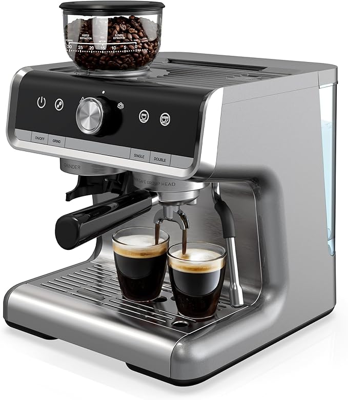 GarveeHome Espresso Machine With Grinder, 20 Bar Semi-Automatic Espresso Coffee Maker With Milk Frother Steamer Wand Cappuccino Latte Macchiato, 95 oz Water Tank, Pid Temperature Control-Light Gray