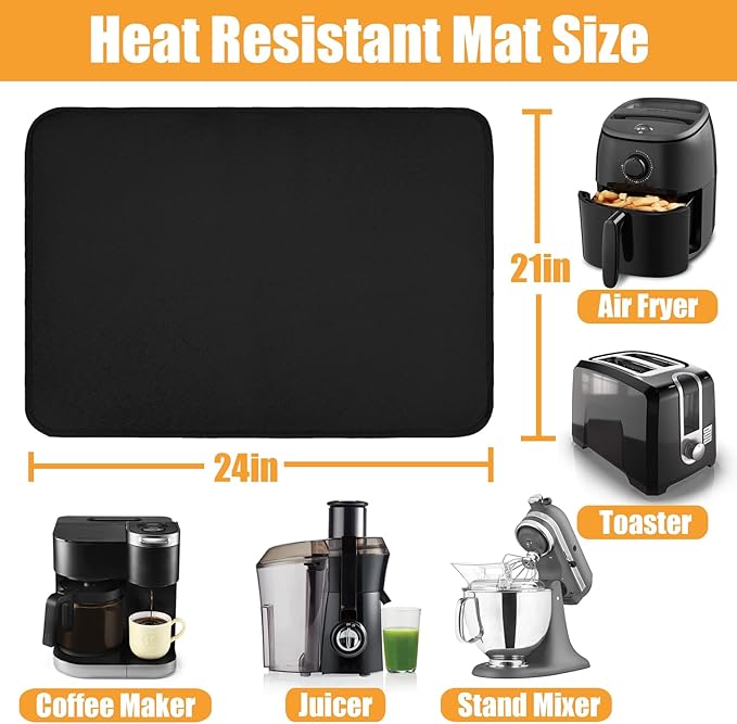 Black Large Heat Resistant Mat 21x24in, Hot Pads for Countertops Under Air Fryer Oven, Countertop Protector for Kitchen Appliances