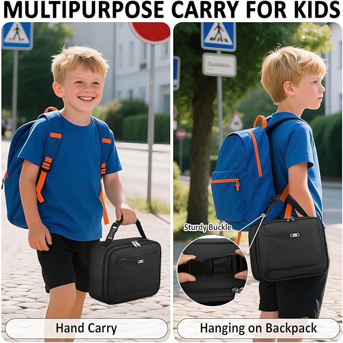 Lunch Box Kids Insulated Lunch Bag for Boys Girls Cute Reusable Lunch Tote Bag Waterproof Portable Thermal Lunch Box Kids for School Picnic Travel Black