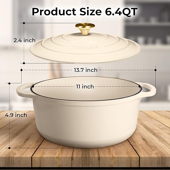 Zulay Kitchen 6 Quart Enameled Cast Iron Dutch Oven Pot with Lid – Premium Durability & Oven Safe up to 500°F – Heavy Duty Cookware Perfect for Bread Baking, Stews, Braising & Roasting - Ivory