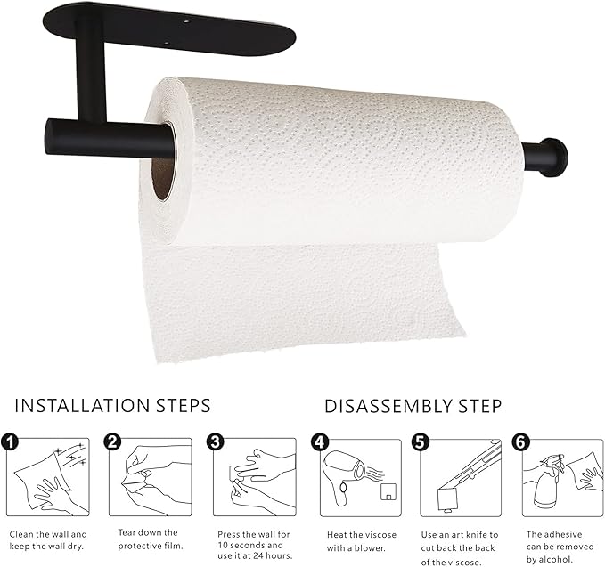 Paper Towel Holders-Blcak,Paper Towels Rolls - for Kitchen,Paper Towels Bulk- Self-Adhesive Under Cabinet,Both Available in Adhesive and Screws,Stainless Steel(Black 2PC)