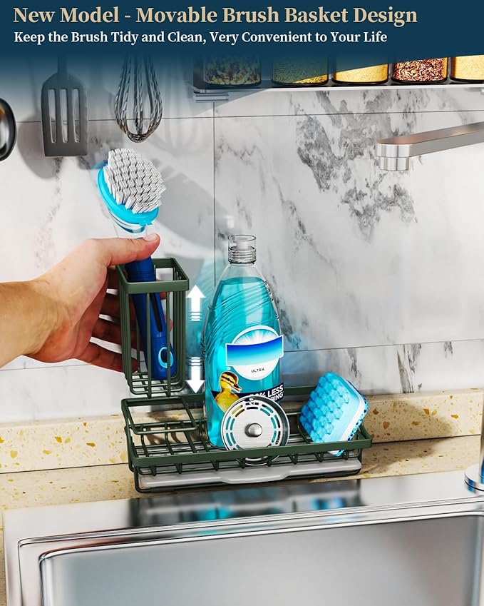 Consumest Sponge Holder for Kitchen Sink - Kitchen Sink Caddy Organizer with Removable Drip Tray for Countertop Dish Soap Dispenser Brush Storage Accessories 304 Stainless Steel, Green