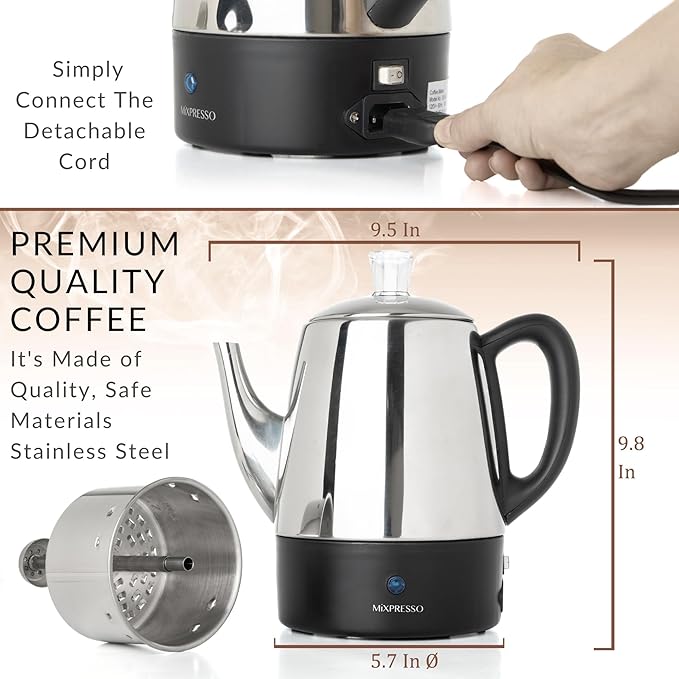 Mixpresso Small Electric Percolator Coffee Pot 4 Cup Stainless Steel - Coffee Percolator Electric with Keep Warm Function - Auto Shut-Off for Safe Daily Brewing