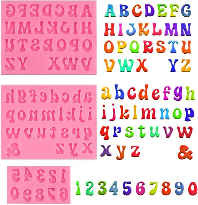 JOERSH 4PCS Silicone Letter Molds, Non-Stick 26 Letters and 0-9 Numbers Fondant Chocolate Molds for Dessert Cake Decorating, Cupcake Topper, Candy