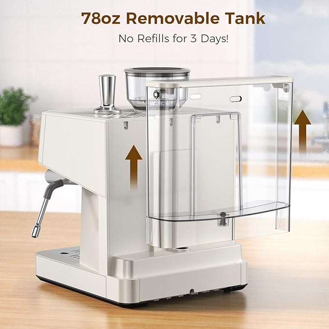 (2026 Upgrade) 20 Bar Espresso Machine with Built-in Anti-Clog Coffee Grinder, Expresso Coffee Machines with Milk Steam Wand/Frother/Tamping Tools,Espresso Maker with Grinder for Lattes-White