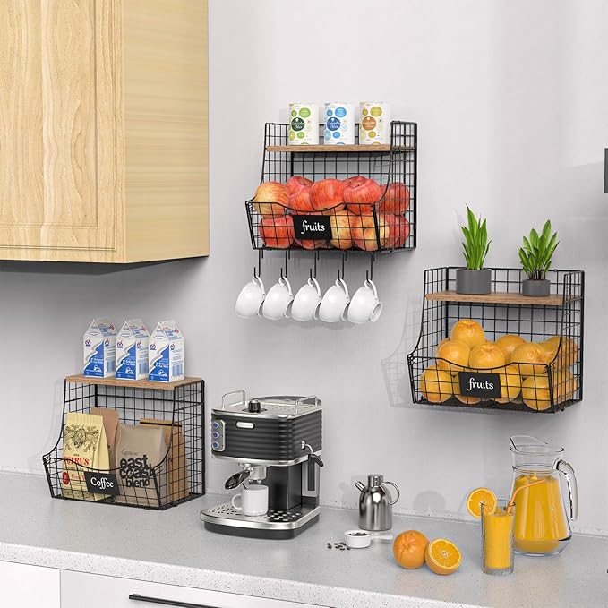 3 Pack wire Fruit Basket for Kitchen with Wood Lid - Counter&Wall Mounted Onion and Potato Storage with Nameplate, Hanging Baskets for Vegetable,11.81 * 10.63 * 8.66 Inch