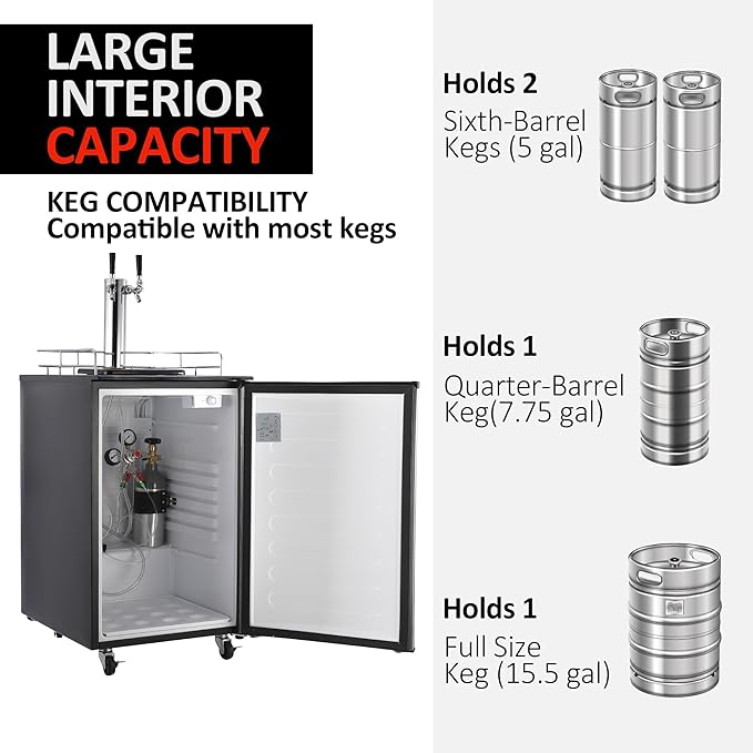 Beer Kegerator, Dual Tap Draft Beer Dispenser, Full Size Kegerator and Keg Beer Cooler With Shelves & Drip Tray & 4 Casters, Stainless Steel Keg Dispenser, 32°F- 50°F Temperature Control, 170L