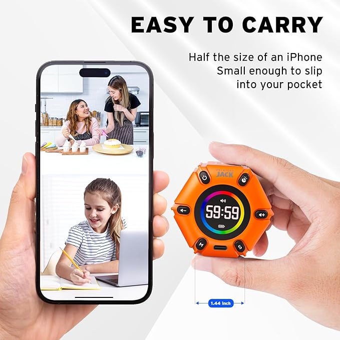 Printers Jack, Productivity Cube Timer, Visual Pomodoro Timer, Mute & Vibration & Adjustable Sound Alert, for Office, ADHD, Study, Work, 3/5/10/25/30/60min & Custom Countdown - Orange