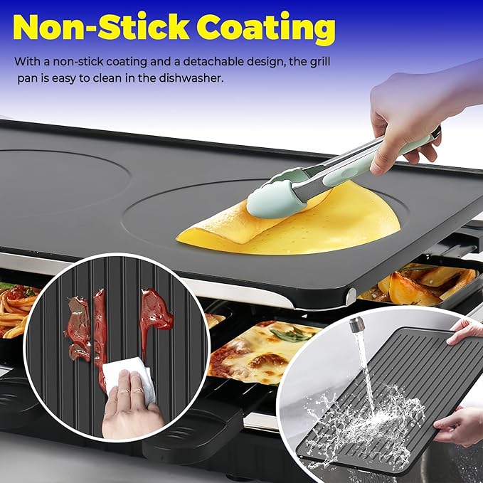 Raclette Grill, Raclette for 8 People, 1300W Electric Grill with 1 Reversible Non-stick Grill Pan & 8 Mini Raclette Cheese Pans & 1 Wooden Spatula, for Indoor Family Barbecue & Party