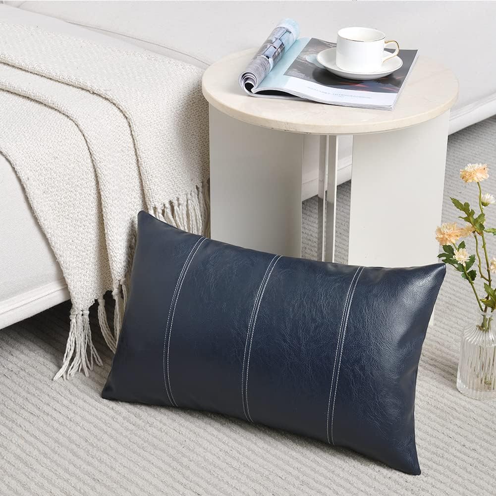 Fancy Homi Navy Blue Long Lumbar Faux Leather Decorative Throw Pillow Covers 12x24 Inch for Outdoor Couch Bed, Modern Farmhouse Boho Home Decor, Blue Hand Stitched Cushion Case 30x60 cm