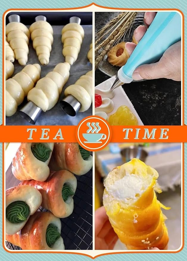 16 Pack Cannoli Tubes Stainless Steel, 5 inch Large Size Cannoli Tubes Baking Molds with Piping Bags, Long Piping Tips for Cream Horns, Cannoli Shell, Brioche Rolls, Croissant Toast