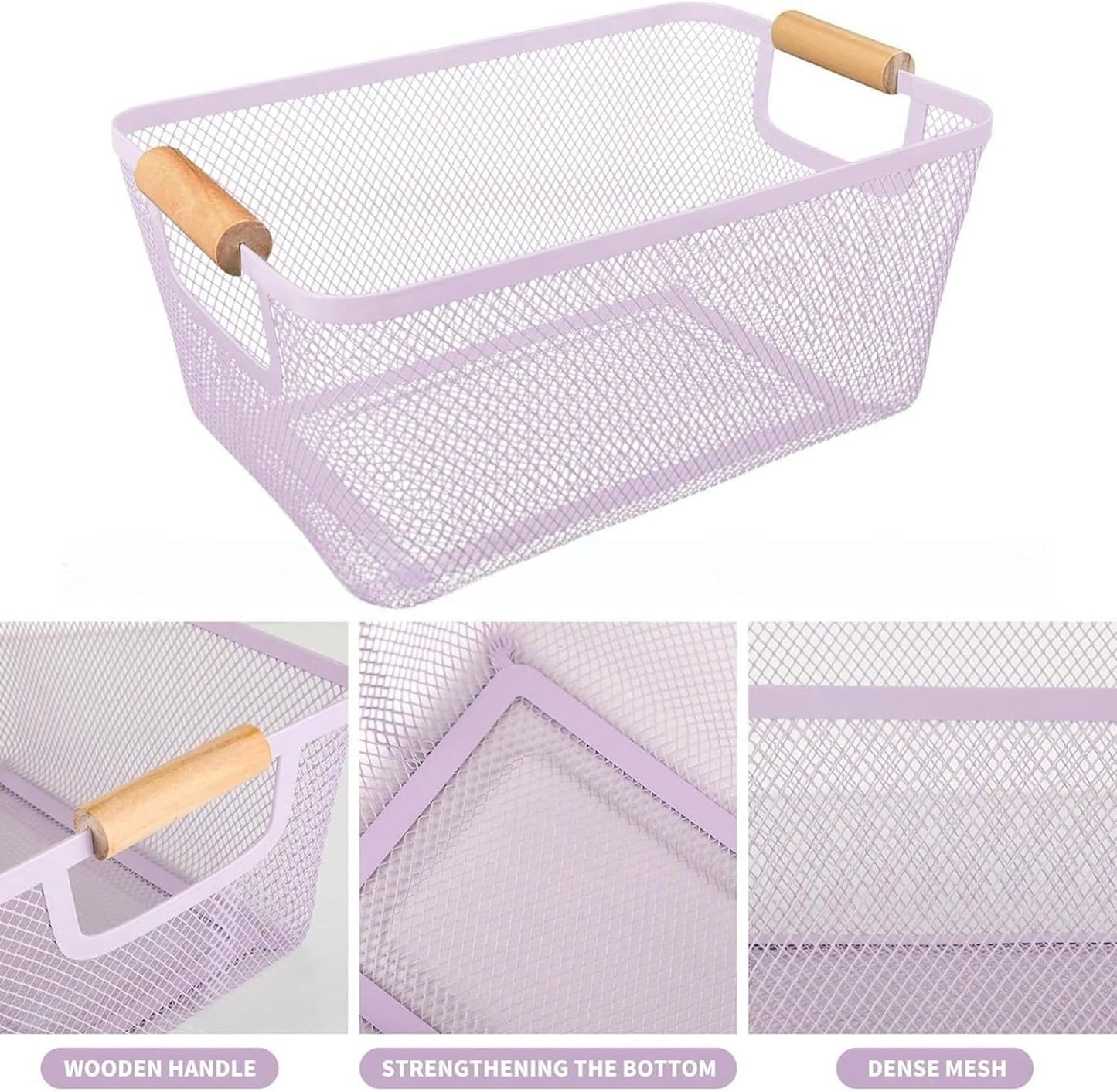 Metal Mesh Steel Basket, Large Wire Storage Organizer Basket Multi-function Hanging Kitchen Baskets with Wood Handle for Kitchen Bathroom Picnic Home, Rectangle-Purple