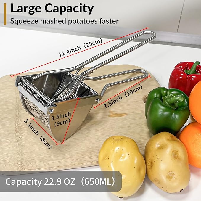 Potato Ricer, Larger 22 oz Heavy Duty Potato Masher Stainless Steel Make Fluffy Mashed Potatoes, Easy to Clean and Comfort Handle Ricer For Mashed Potatoes for Baby Food, Fruit juices