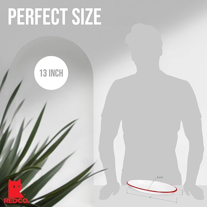 Red Co. Enamelware Metal Classic 13" Serving Oval Tray Platter, Solid White/Red Rim