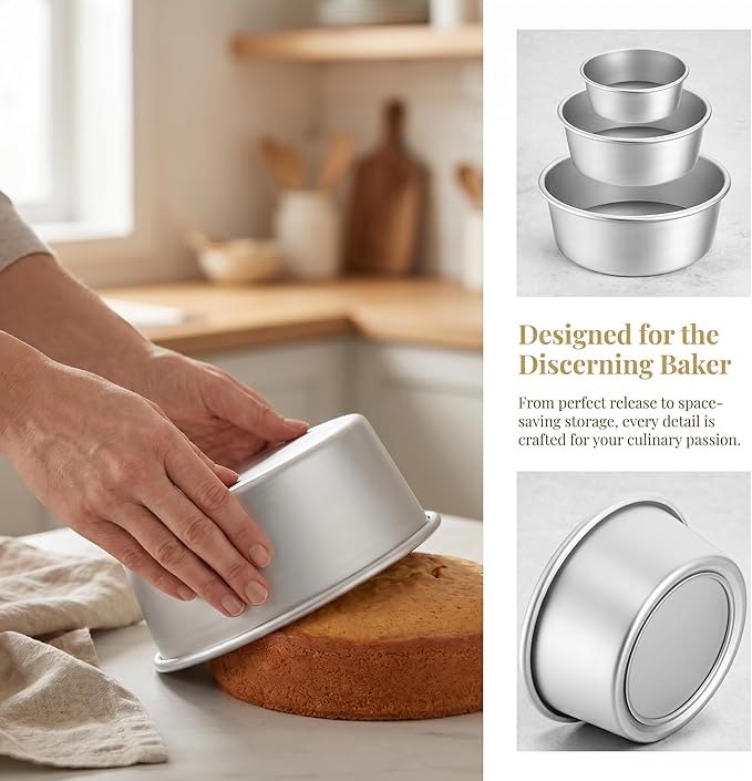 Lawei Round Cake Pan Set of 3 (4/6/8 Inch), Aluminum Baking Pans with Removable Bottom for Even Heating, Nonstick Tier Cake Tins for Cakes, Weddings, Birthdays, Holidays and Home Bakers