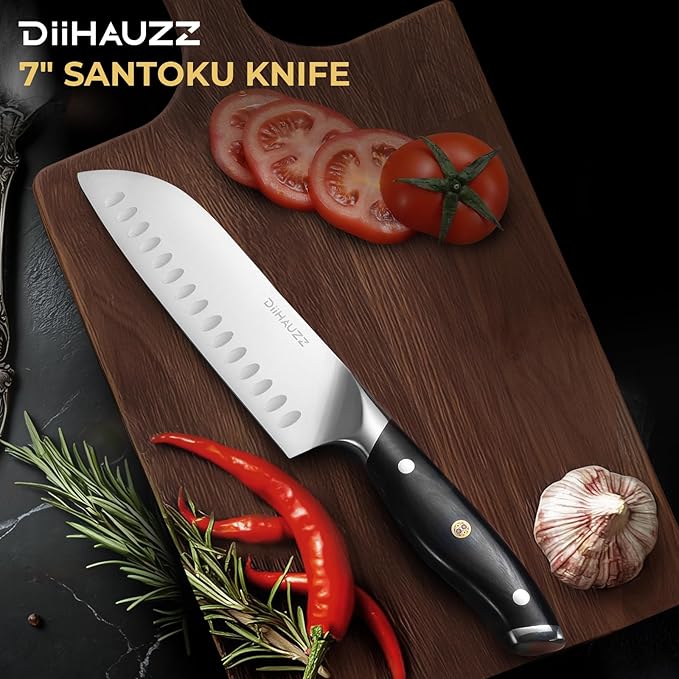 Chef Knife, 7 Inch Ultra Sharp Japanese Santoku Knife, High Carbon Steel Forged Professional Kitchen Knife with Full Tang Triple-Riveted Ergonomic Handle for Slicing, Chopping, Dicing