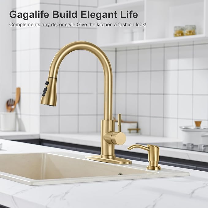 GAGALIFE Built in Counter Soap Dispenser for Kitchen Sink and Extension Tube Kit, Anti-Leakage Upgrade with 40" Tube No More Top Refill, Brushed Gold