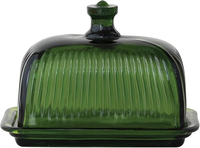 Creative Co-Op Pressed Glass Butter Dish, Green
